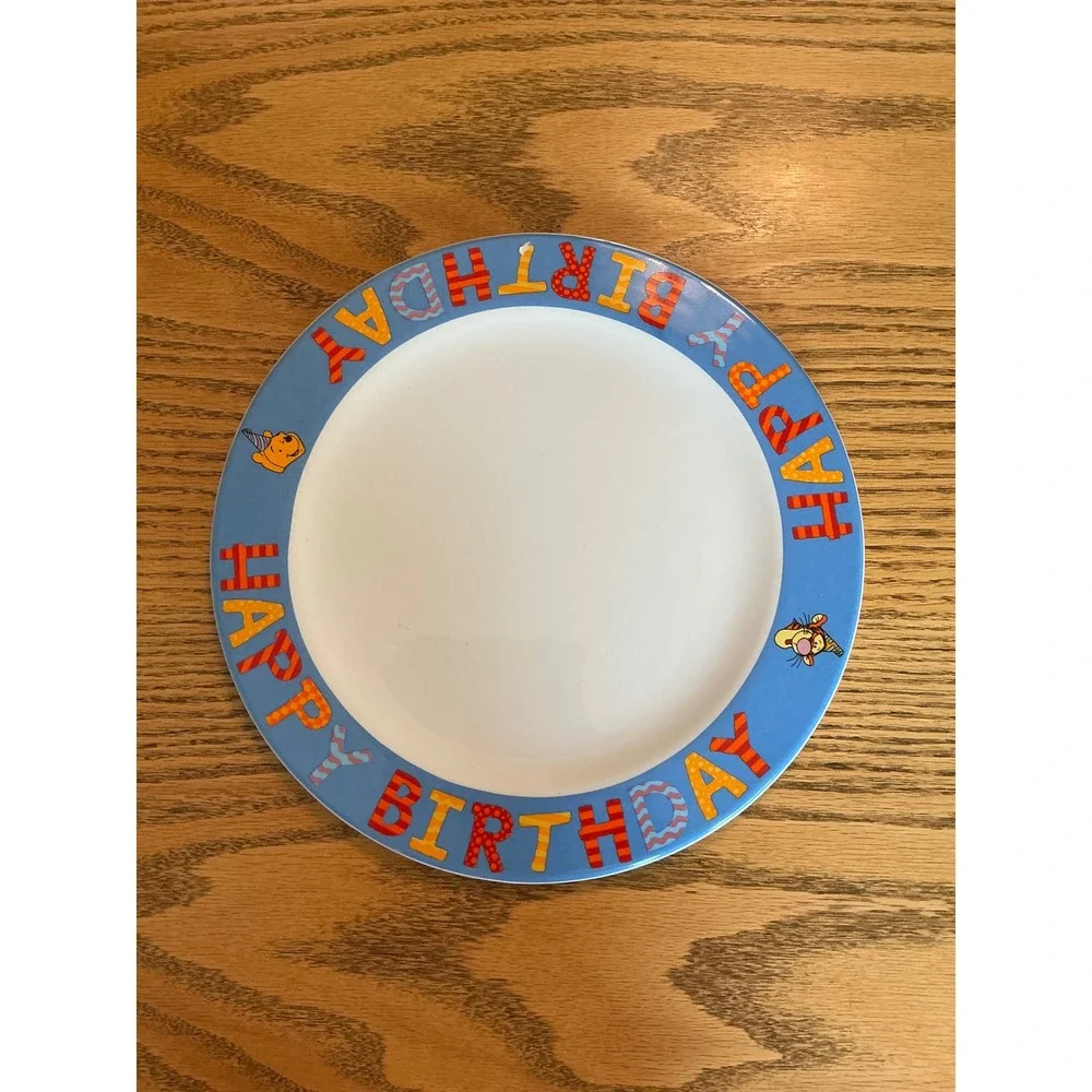 Disney Winnie the Pooh Happy Birthday Plate Tigger Eeyore Blue Rim 12 Inch